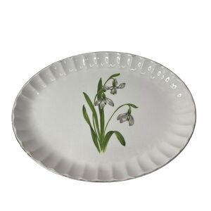 Vtg W.S. George Serving Platter Oval White Flowers Green‎ Leaves 13.25"x10.25 in